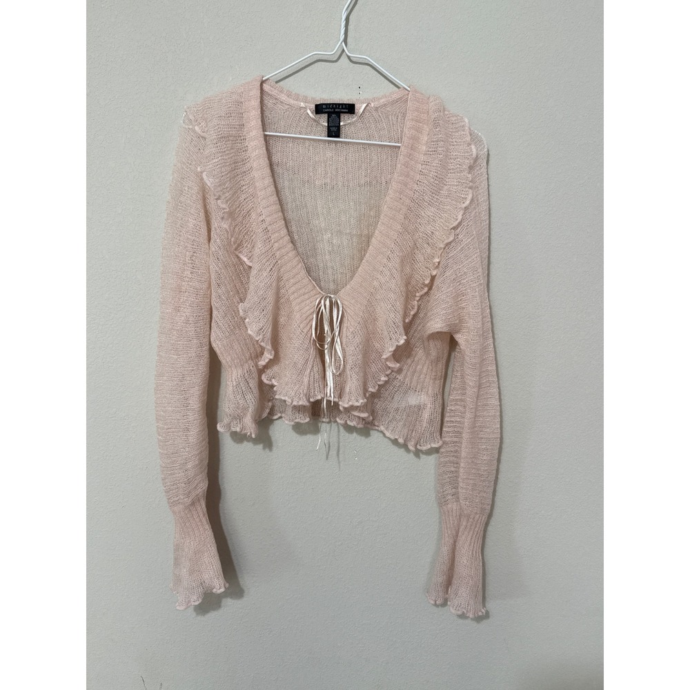 Pink Open Knit Angora Blend Tie Front Cardigan Ruffles Women's Large Coquette